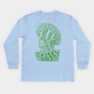 Forest God Soul Expression with Side Profile of a Man and His Head with Leafy Tree Branches Hand Drawn Illustration with Pen and Ink Cross Hatching Technique 4 Kids Long Sleeve T-Shirt